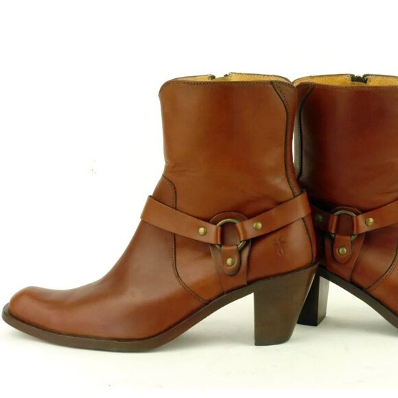$359 Frye Romy Harness Brown Cognac Real Leather Vintage Cowboy Short Ankle Boot - Picture 12 of 12